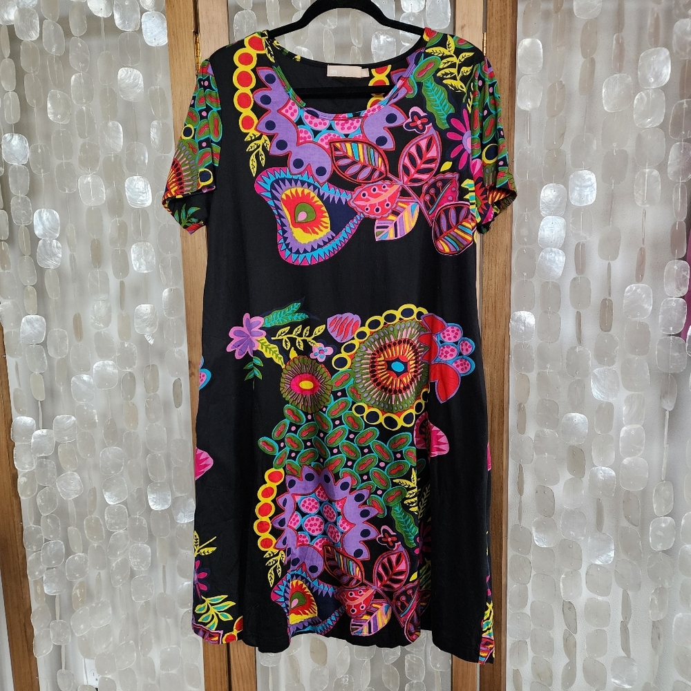 La Cera Cotton Boho Tunic Dress Colorful Folk Art Print Shift Dress